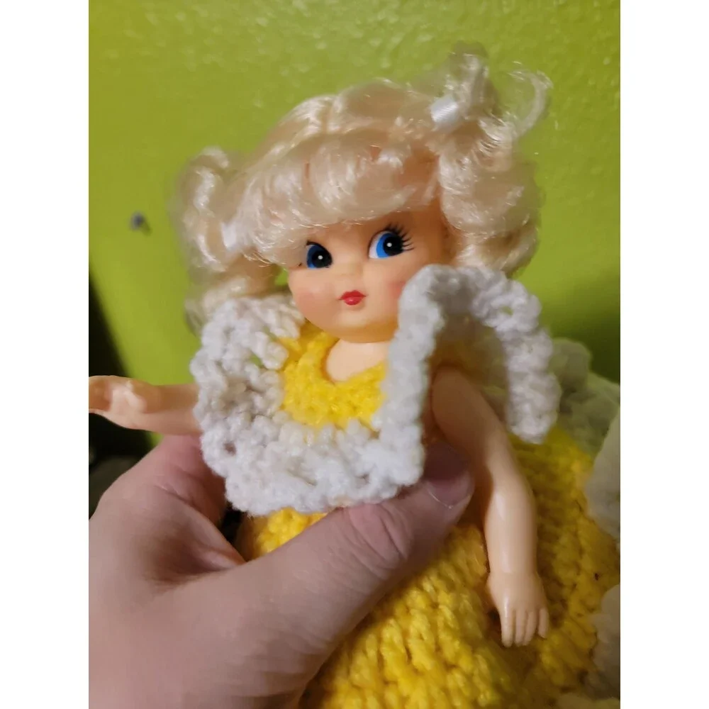 Vintage Bed Doll Crotchet Dress Yellow Blonde Hair Blue Eyes